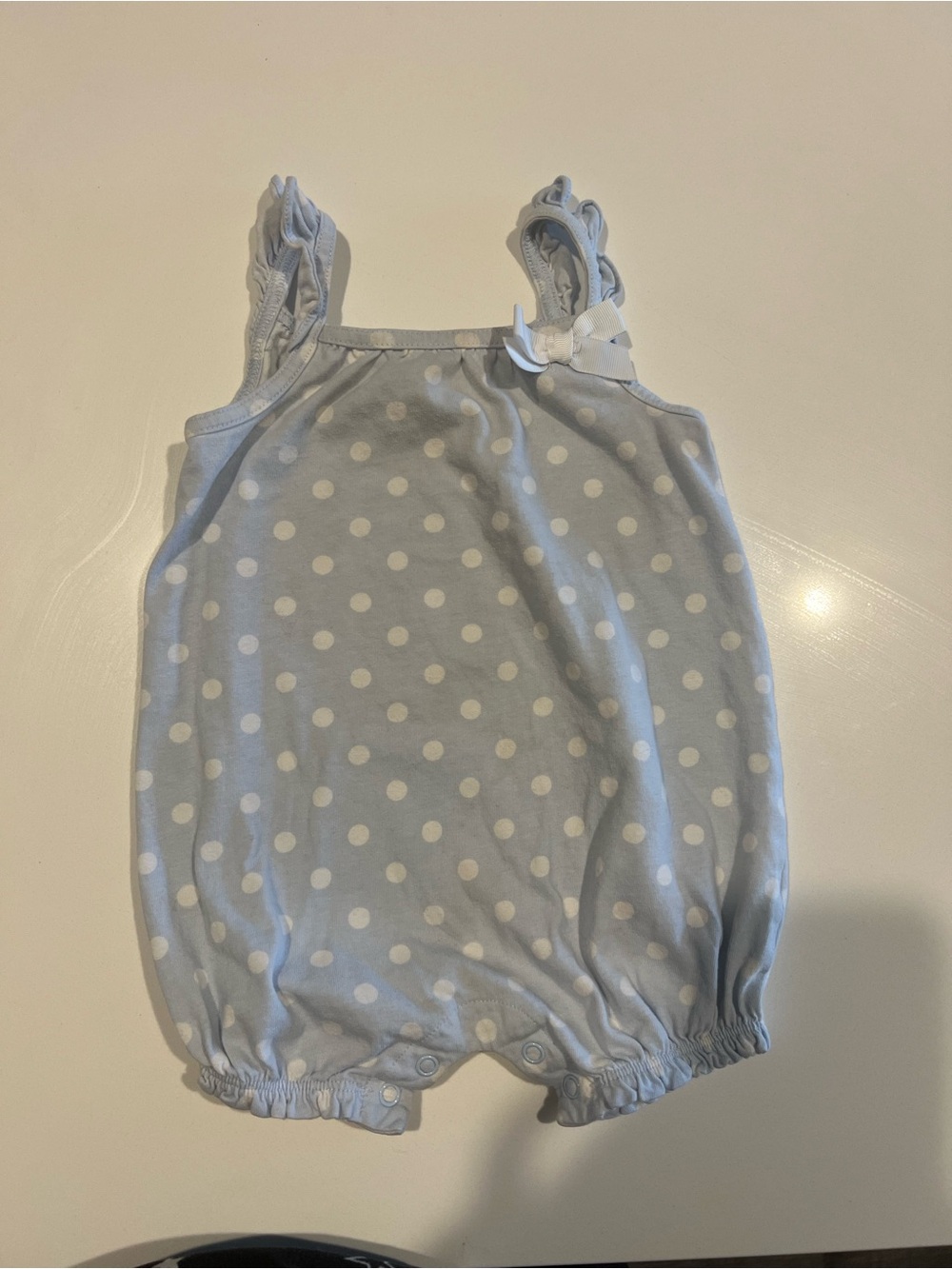 181.First Impressions Light Blue and White Polka Dot Baby Romper